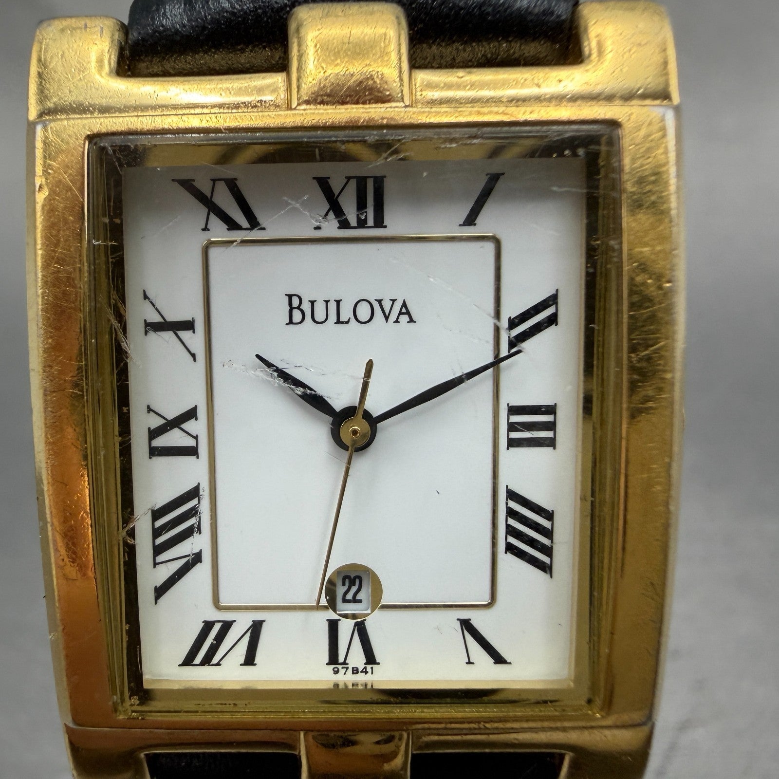 Bulova Tank Watch Men 26mm White Dial Gold Tone Date Rectangle 97B41 New Battery1
