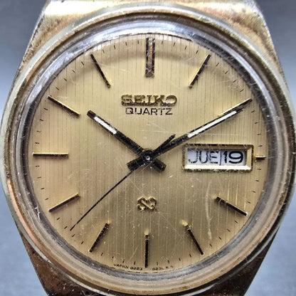 Seiko SQ Watch Men 35mm Gold Dial Gold Tone Daydate Round 8223-8029 New BatteryI1