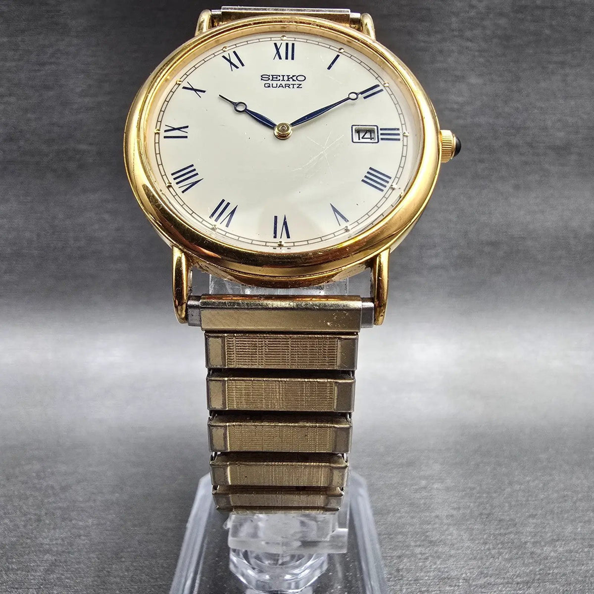 Seiko Watch Men 34mm Ivory Dial Gold  Date Round 7N29-8A09 New Battery VTG5