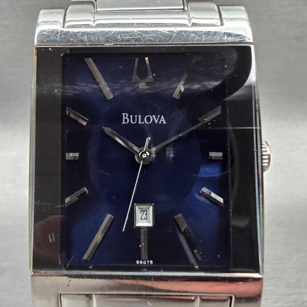 Bulova Tank Watch Men 27mm Blue Dial Silver Tone Date Rectangle 96G75 New Batt1
