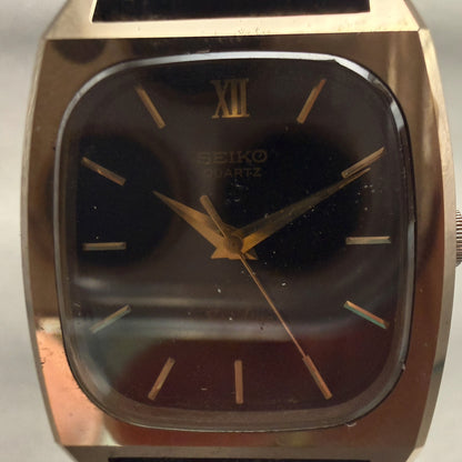 Seiko Exceline Watch Men 24mm Black Dial Gold Tone Rectangle 1421-5300 New Batt1