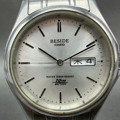 Casio Beside Watch Men 35mm Silver Dial Steel Daydate Round BES-105 New BatteryA1