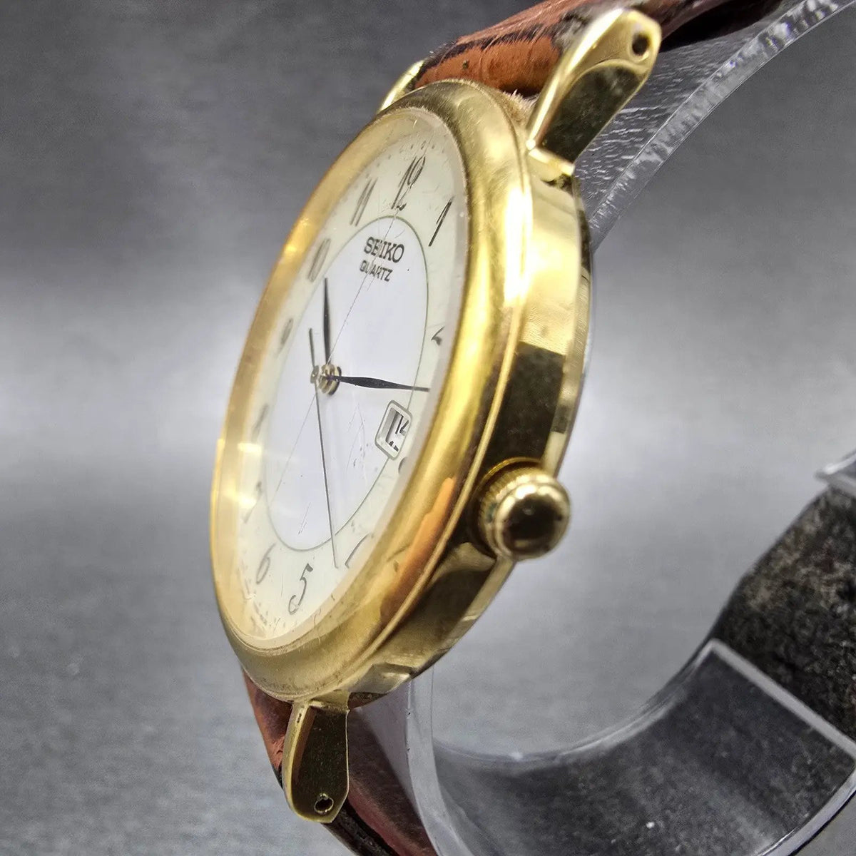 Seiko Watch Men 34mm White Cream Dial Gold Tone Date 7N22-8A09 PARTS3