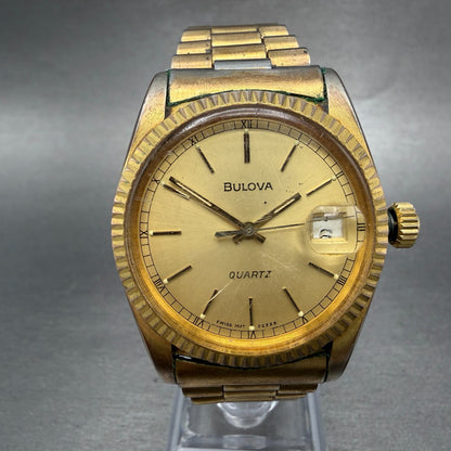 Bulova Watch Men 36mm Gold Dial Gold Tone Date Round 82336 PARTS0