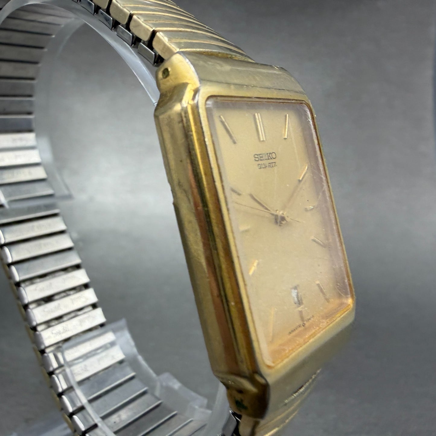 Seiko Tank Watch Men 26mm Champagne Dial Gold Tone Date Rectangle 5Y32-5129 PART4