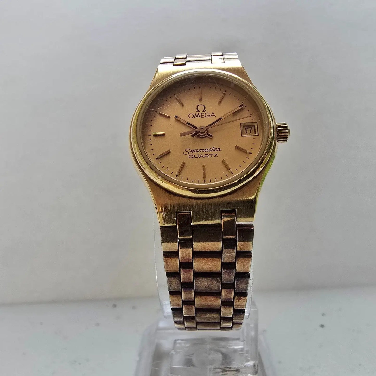 Omega Seamaster Watch Women 22mm Gold Dial Gold Tone Date Round 1380 New Battery5