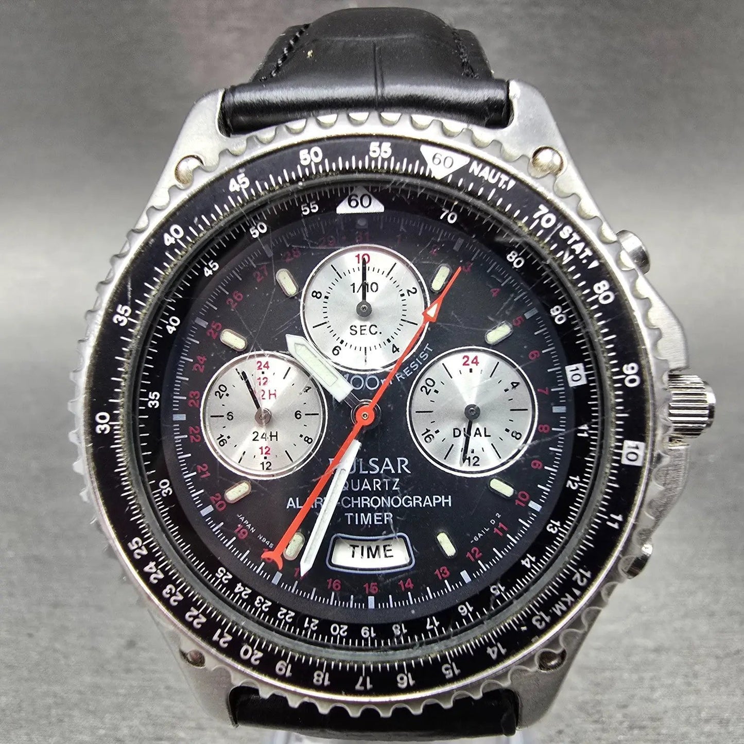 Seiko Pulsar Chronograph Watch Men 41mm Black Dial Silver Alarm Date N945 NewBat0