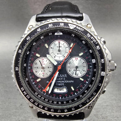 Seiko Pulsar Chronograph Watch Men 41mm Black Dial Silver Alarm Date N945 NewBat0