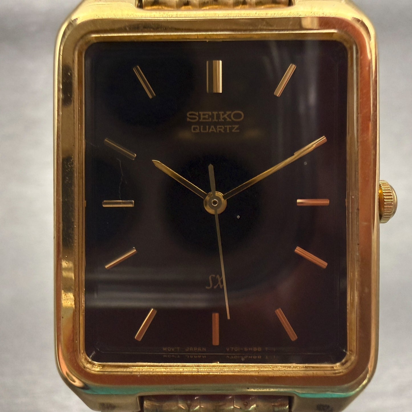 Seiko SX Watch Men 26mm Black Dial Gold Tone Rectangle V701-5J00 New Battery1