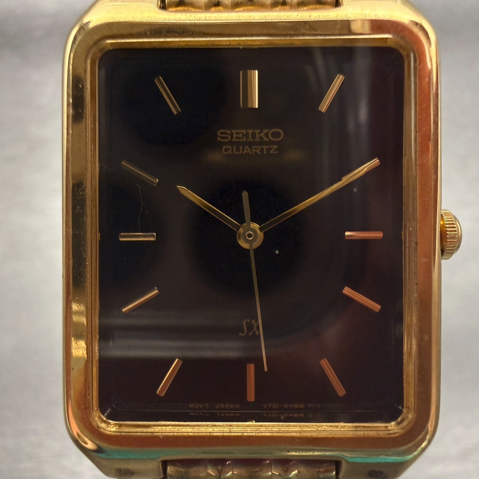 Seiko SX Watch Men 26mm Black Dial Gold Tone Rectangle V701-5J00 New Battery1