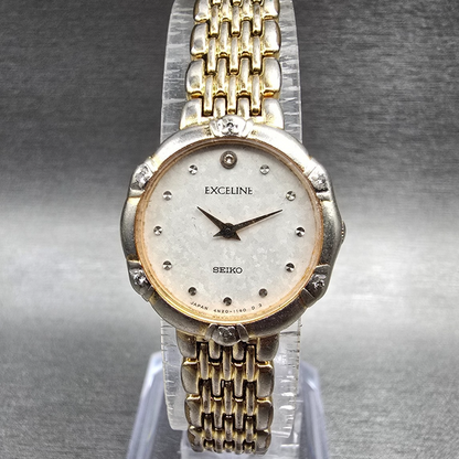 Seiko Exceline Watch Women 21mm White Dial Gold Tone Gemmed 4N20-0640 New Batt0