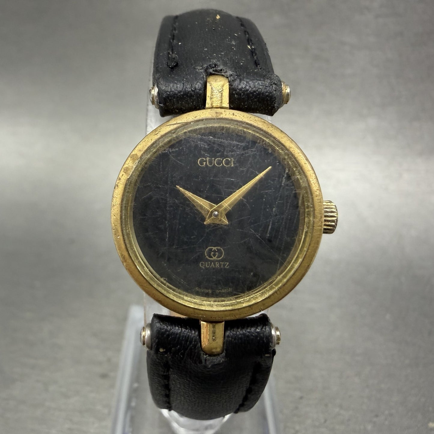 Gucci 2000L Watch Women 22mm Black Dial Gold Plated Round New Battery VTG ABC0