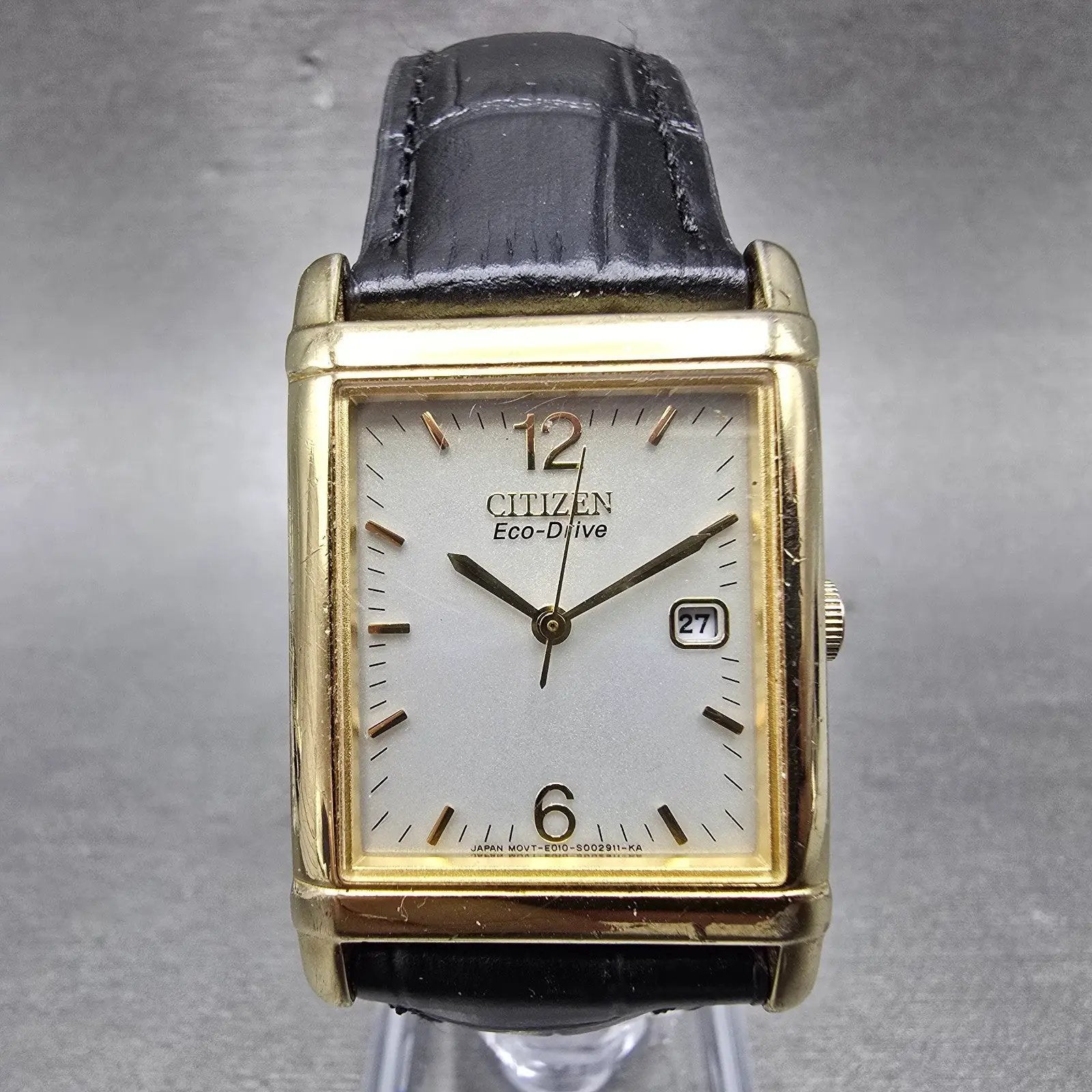 Citizen Eco-Drive Tank Watch Men 25mm Silver Dial Gold Tone Rectangle Date RunsP0