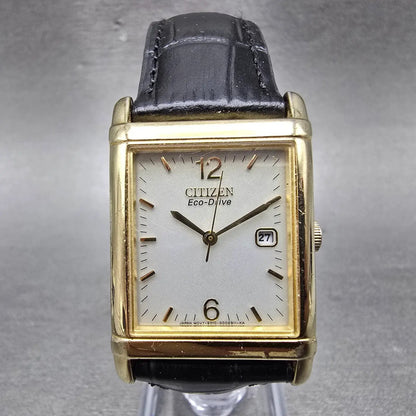 Citizen Eco-Drive Tank Watch Men 25mm Silver Dial Gold Tone Rectangle Date RunsP0