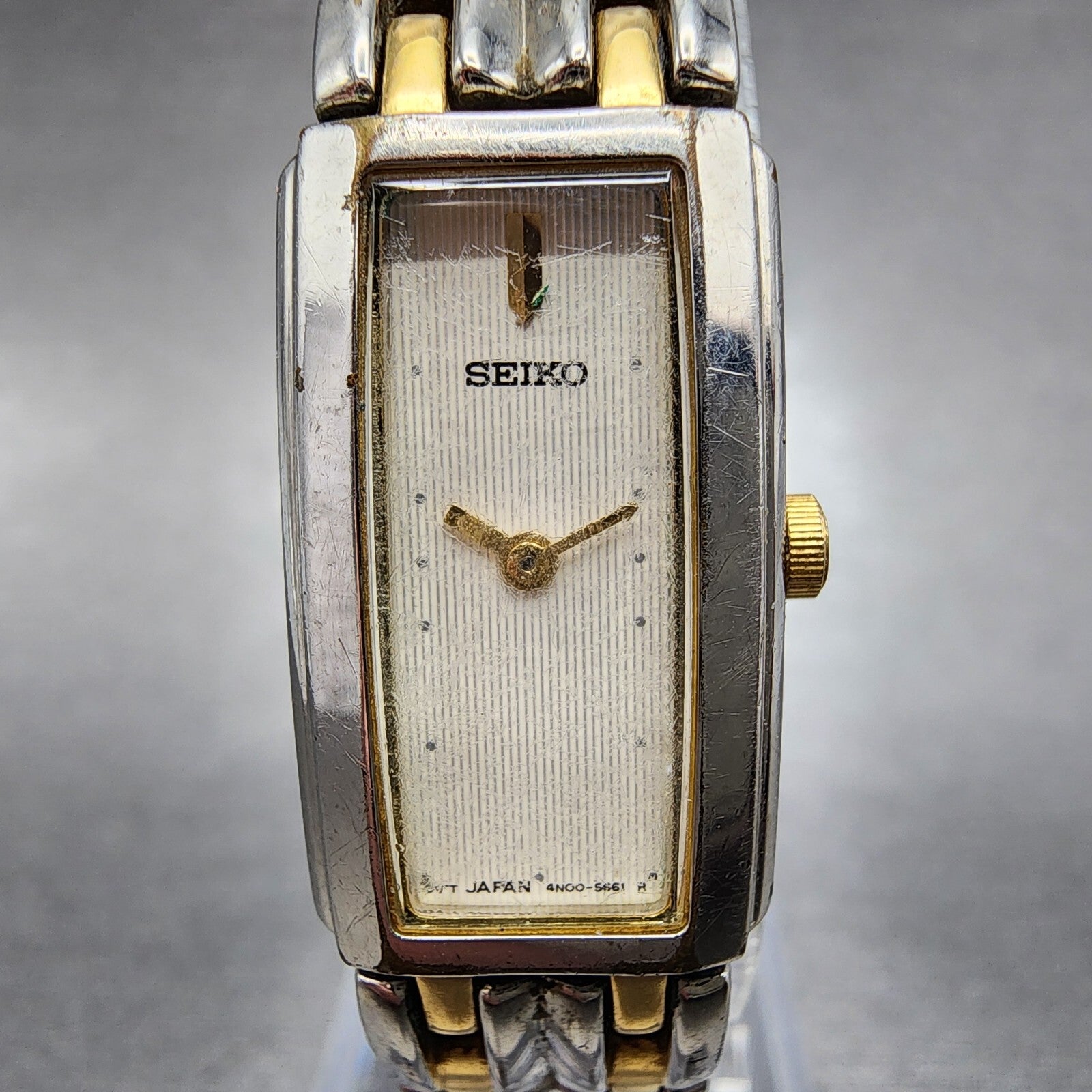 Seiko Tank Watch Women 15mm Cream Dial Two Tone Rectangle 4N007089 New Battery1