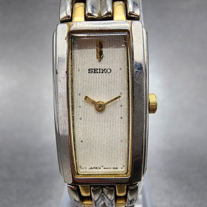Seiko Tank Watch Women 15mm Cream Dial Two Tone Rectangle 4N007089 New Battery1