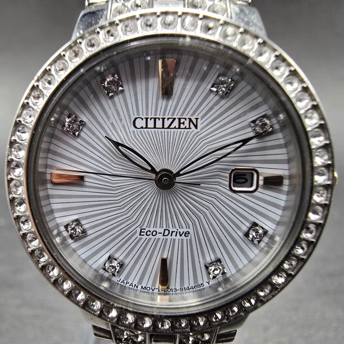 Eco-Drive Silhouette Crystal Watch Women 28mm White Dial Silver Date EW2340-58A1
