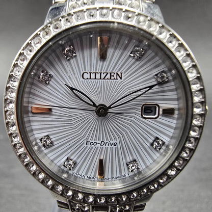 Eco-Drive Silhouette Crystal Watch Women 28mm White Dial Silver Date EW2340-58A1