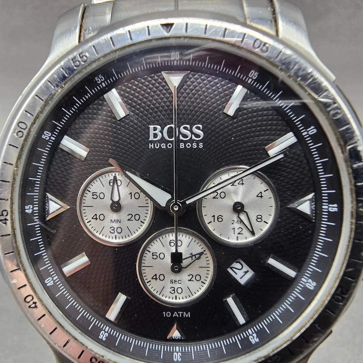 Hugo Boss Chronograph Watch Men 44mm Black Dial Silver Tone Date 1512109 New Bat1