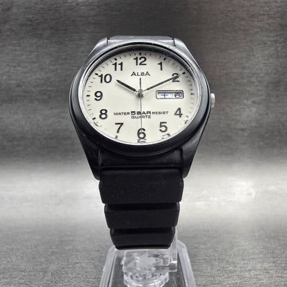 Seiko Alba Watch Men 35mm Ivory Dial Black Tone Daydate Round V733-8A90 New Batt5