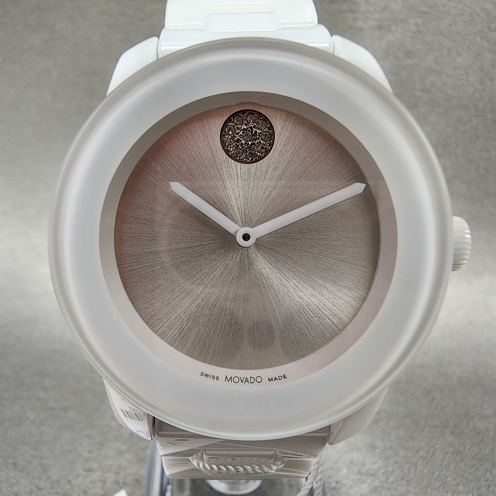 Movado Bold Watch Women 36mm White Dial White Ceramic Crystal Accent New Battery1