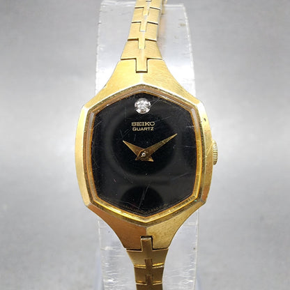 Seiko Watch Women 18mm Black Dial Gold Tone Hexagon 14005319 New Battery0