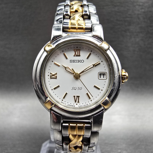 Seiko SQ Watch Women 23mm White Dial Two Tone Date Round 7N82-6C90 New Battery0
