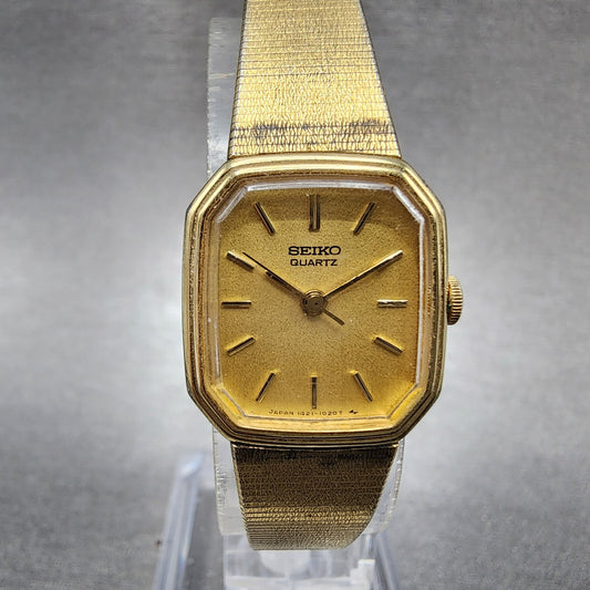 Seiko Watch Women 20mm Champagne Dial Gold Tone Octagon 1421-5619 New Battery