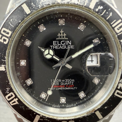 Elgin Treasure Dive Watch Men 39mm Black Dial Silver Date Round New Batt FK-2721