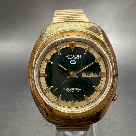 Ricoh DX Tiger Eye Watch Men 38mm Green Dial Gold Tone Daydate VTG PARTS0