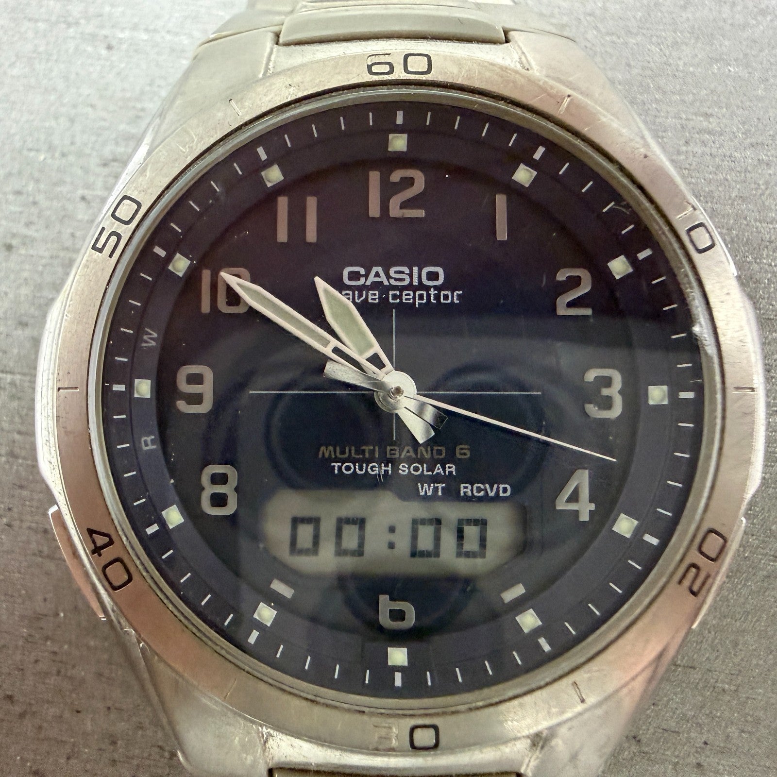 Casio Wave Ceptor Watch Men 42mm Blue Dial Steel Solar Analog Digital READ!!!!!!1
