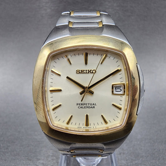 Seiko Perpetual Calendar Watch Men 36mm White Dial Two Tone 8f32-5000 New Batt