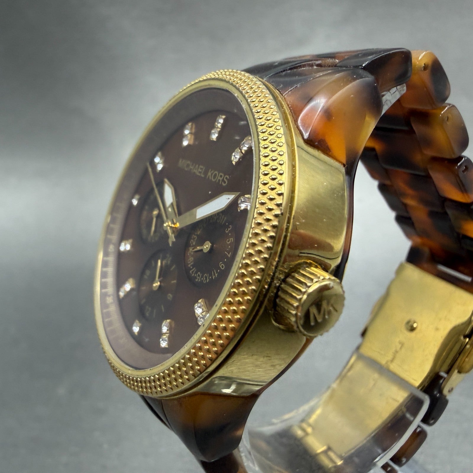 Michael Kors Watch Women 37mm Brown Dial Gold Brown Tone Daydate New Battery PT2