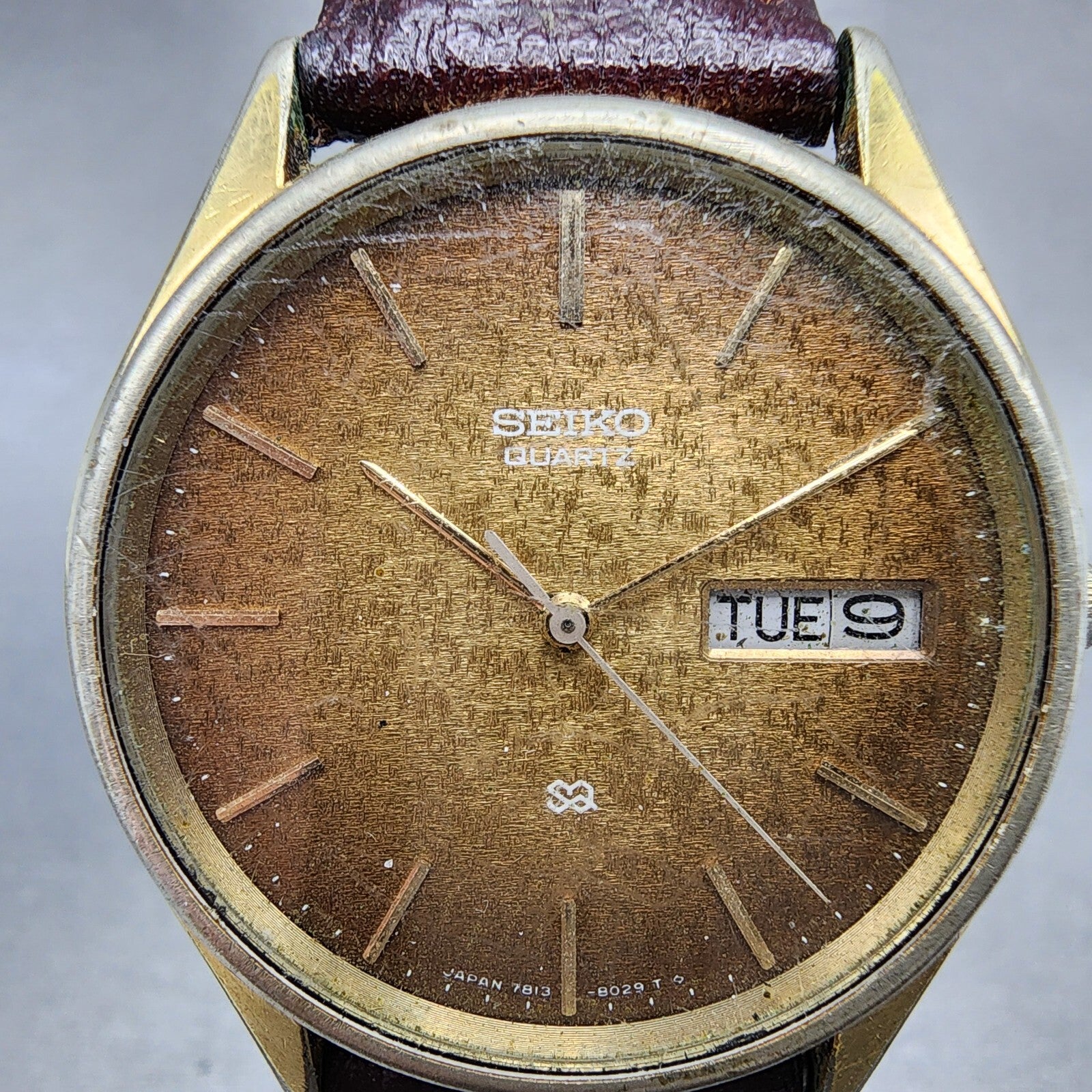 Seiko SQ Watch Men 34mm Brown Dial Gold Tone Daydate Round READ!!!!! New Battery1