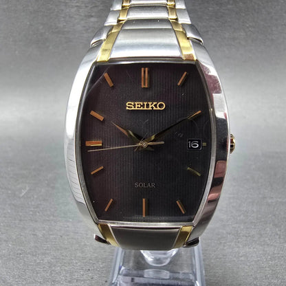 Seiko Solar Tank Watch Men 35mm Gray Dial Two Tone Date Rectangle V157-0AT0 Runs0