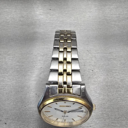 Seiko Solar Watch Men 37mm White Dial Two Tone Daydate Round V158-0AA0 Works4