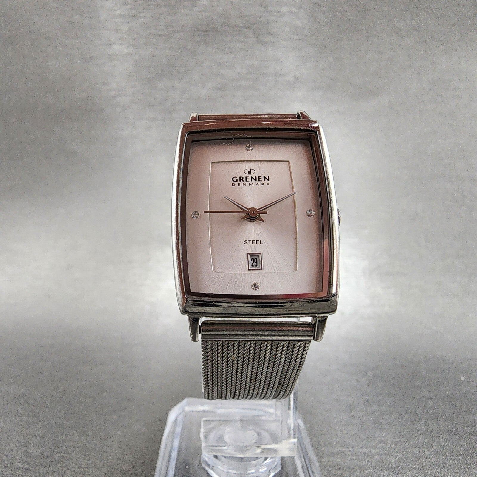Skagen Grenen Tank Watch Women 23mm Silver Dial Steel Date Rectangle New Battery5