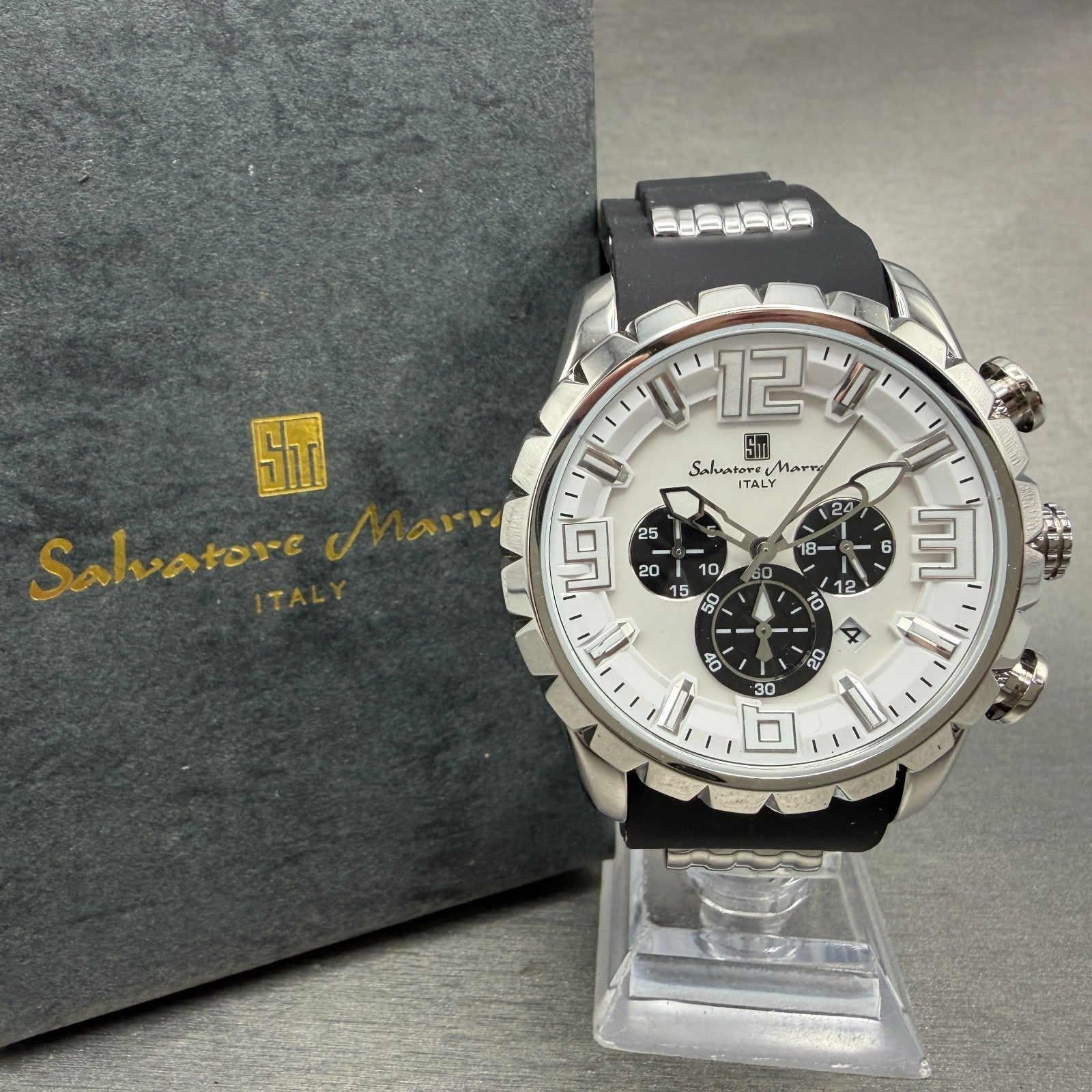 Salvatore Marra Chronograph Watch Men 46mm White Dial Steel Date Round new batt0