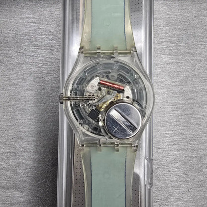 Swatch Gent SMALL IN BIG Watch Men 34mm White Dial Clear Case GK254 New Battery12