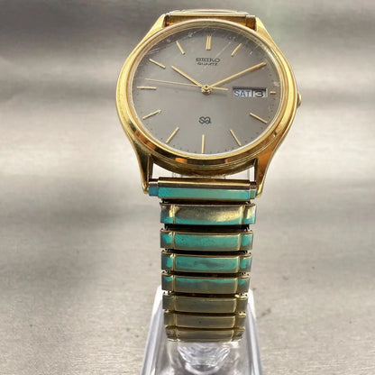 Seiko SQ Watch Men 34mm Gray Dial Gold Tone Daydate Round 5H23-7B09 New Battery5