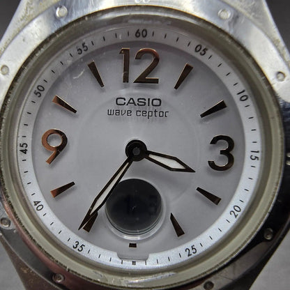 Casio Wave Ceptor Watch Women 35mm White Dial Silver Analog Digital Works GT1
