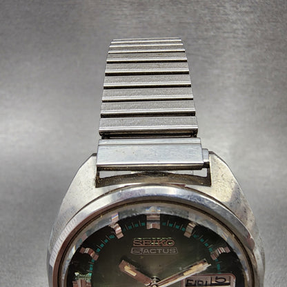 Seiko 5Actus Watch Men 37mm Green Dial Silver Tone Daydate 7019-7210 Runs READ!!
