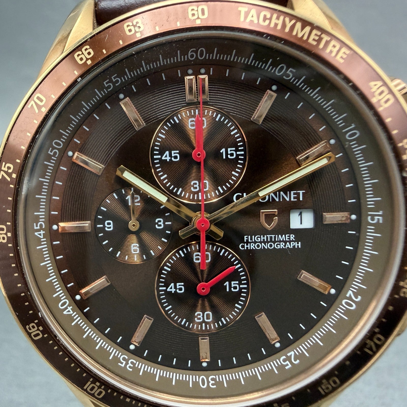Guionnet Flighttimer Chronograph Watch Men 42mm Brown Dial Rose Gold Date NewBat1