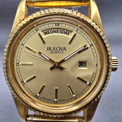 Bulova President Watch Men 36mm Gold Dial Gold Tone Daydate Round 97C03 New Batt1