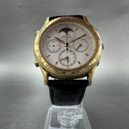 Seiko Moon Phase Chronograph Watch Men 38mm READ!! White Dial Gold Tone New Batt5