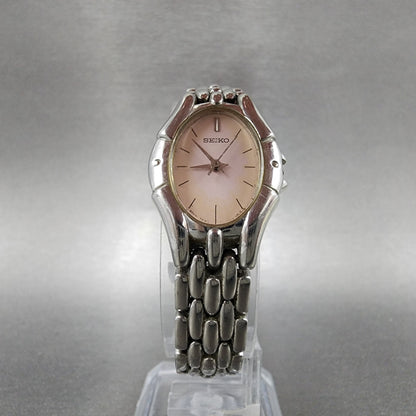 Seiko Watch Women 20mm Pink Dial Silver Tone Oval NO CROWN 1N01-0GS0 New Battery
