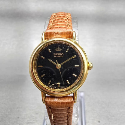 Seiko Watch Women 21mm Black Dial Gold Tone Round 1N01-0E20 New Battery Vintage0