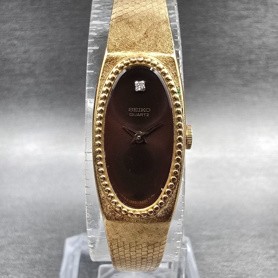 Seiko Watch Women 13mm Brown Dial Gold Oval 1320-5279 New Battery Vintage0