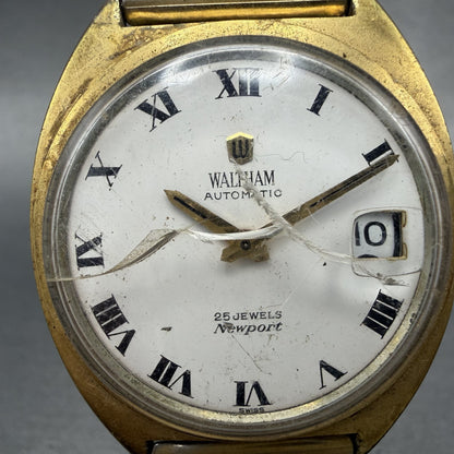 Waltham Newport Automatic Watch Men 35mm White Dial Gold Tone Date Round Runs1