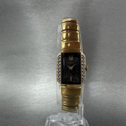Seiko Tank Watch Women 15mm Black Dial Gold Tone Rectangle 1F200AA0 New Battery5